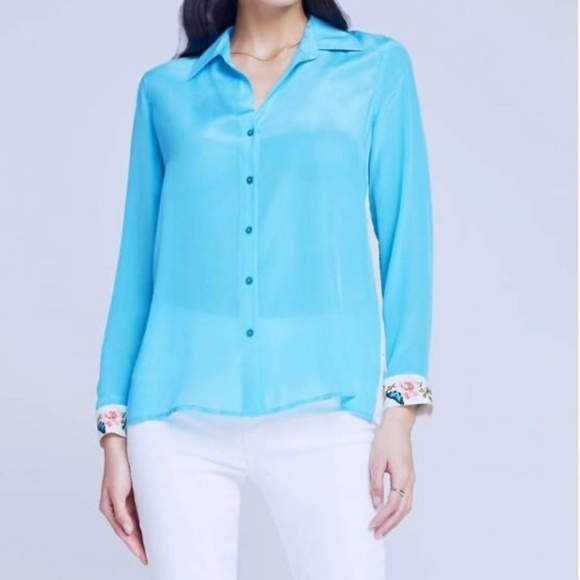 NEW L'AGENCE GIO SILK BLOUSE - AQUA MULTI BUTTERFLY SCARF / Medium - Picture 2 of 8